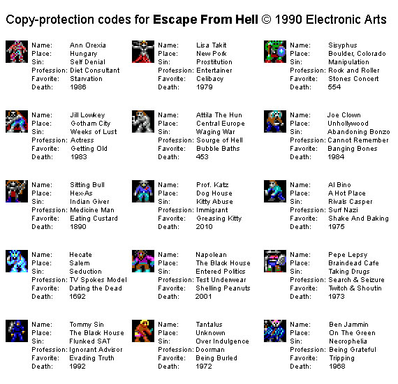 Escape from Hell copy protection - codes
