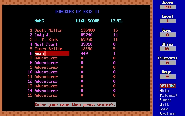 dungeons-of-kroz-2 screenshot for dos